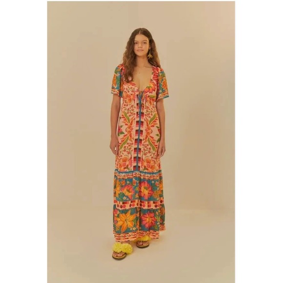 FARM Rio Dresses & Skirts - FARM Rio Tropical Floral Maxi Dress Womens Small Multicolor V-Neck Boho Resort